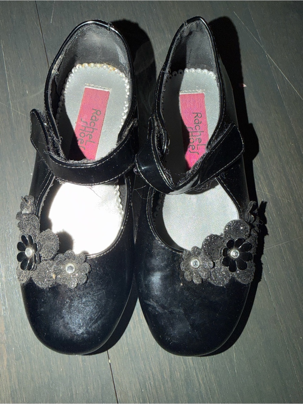 Rachel Shoes Black Patent Mary Jane Dress Shoes with Floral Embellishments